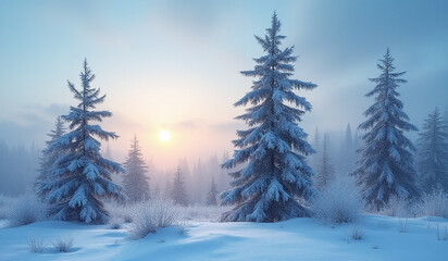 Fototapeta premium frosty pine trees stand serene winter landscape amidst snowfall calm blue sky setting sun