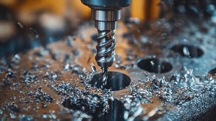 industrial drilling machine with precision metal drill bit creating sparks highlighting the power and strength of machinery symbolizing human ingenuity and advanced manufacturing technology