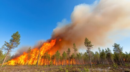 Fototapeta premium A large-scale forest fire burns fiercely amidst lush green trees, painting a contrast with the clear blue sky and emphasizing the devastation it leaves behind.