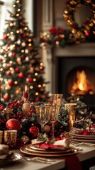 Naklejka premium Traditional holiday table setting with fireplace and christmas tree