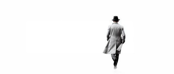 a figure in a long coat and fedora hat walking away, captured from behind against a stark white background. Generative AI