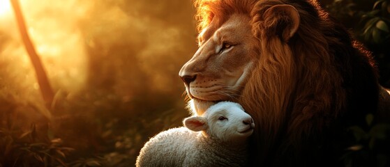 An intimate moment between a majestic lion and a young lamb in warm golden sunlight, the lion's protective posture and the lamb's trusting demeanor creating a powerful symbol of peace. Generative AI