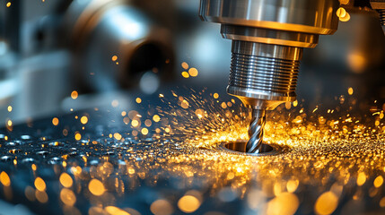 industrial drilling machine with precision metal drill bit creating sparks highlighting the power and strength of machinery symbolizing human ingenuity and advanced manufacturing technology