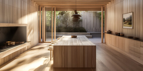 Spacious modern kitchen with natural light and wooden furnishings near outdoor garden