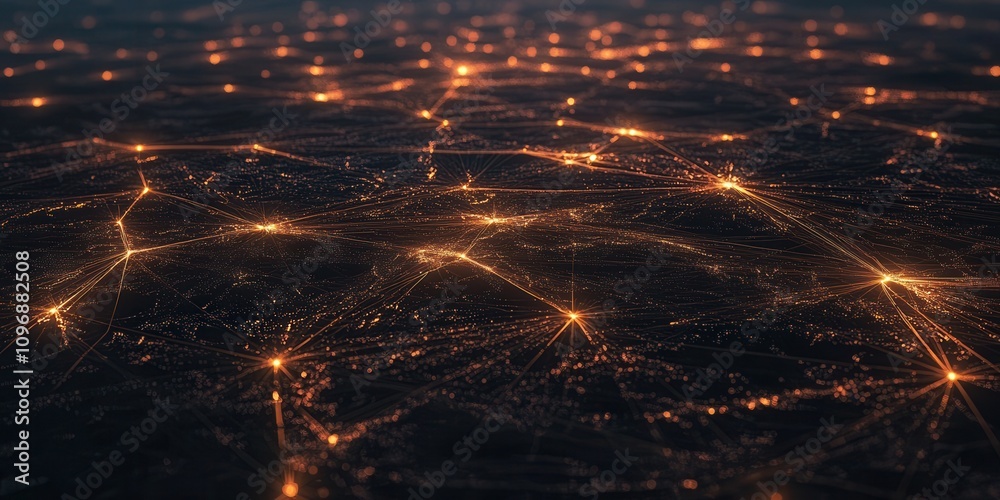 Fototapete Aerial view of a city network illuminated by numerous lights, resembling a digital web connecting various points.