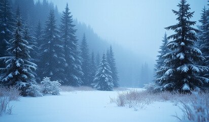 Naklejka premium snow falls gently christmas day surrounded blue winter scenery frosty backdrop evergreen trees
