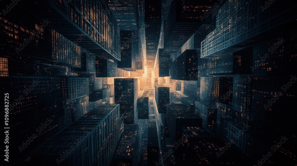Poster a futuristic cityscape with towering structures and a bright, glowing center, creating a sense of de