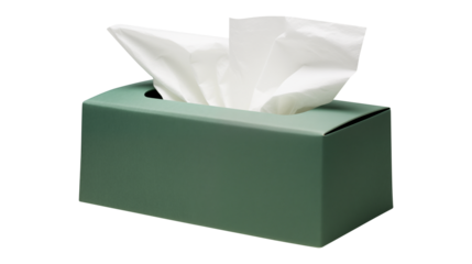 A green tissue box with white tissue paper isolated on transparent white background, clipping path