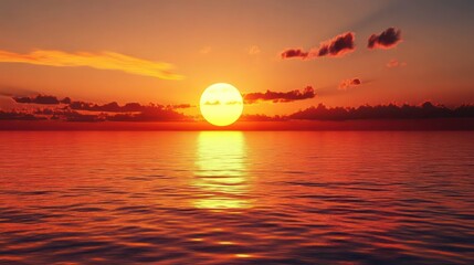 A fiery sunset over a calm ocean with a reflection in the water.