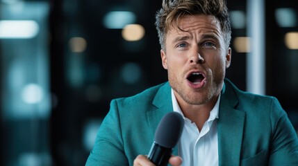 A passionate speaker in a vivid green suit, holding a microphone, articulates enthusiastically to his audience, embodying dynamic communication and charisma.