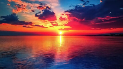 Fototapeta premium Beautiful sunset over calm water, casting warm hues across the water.