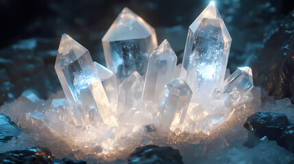 Clear quartz crystals glowing with soft white light. Radiant Jewel Patterns. Illustration