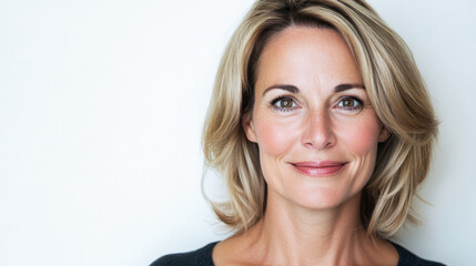Naklejka premium Woman with blonde hair smiling warmly against a plain background in a professional setting