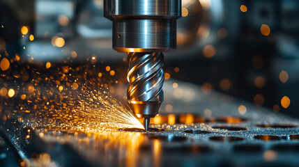 industrial drilling machine with precision metal drill bit creating sparks highlighting the power and strength of machinery symbolizing human ingenuity and advanced manufacturing technology