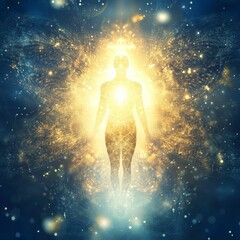 Fototapeta premium Luminous human figure, cosmic energy, golden light.