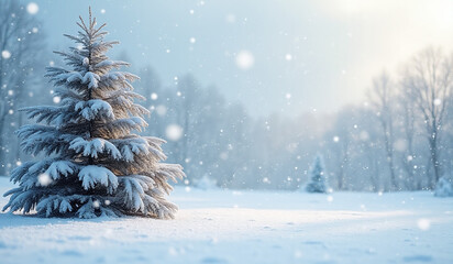 Fototapeta premium snowy winter scene features christmas tree surrounded plenty white space