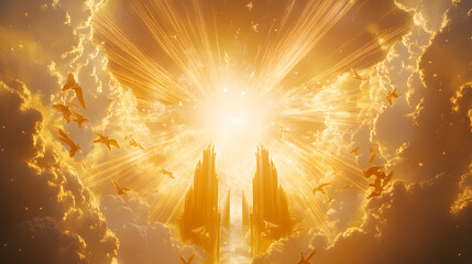 Radiant celestial gates surrounded by golden rays and floating angelic figures.