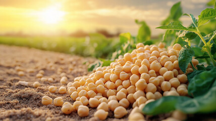 Golden chickpeas scattered on sandy soil, basking in warm sunset glow