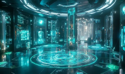 Obraz premium Futuristic server room, glowing cyan interfaces.