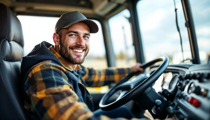 Obraz premium Happy professional truck driver driving his truck and looking at camera, truck man, young driver with truck,