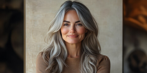 Fototapeta premium Woman with long gray hair smiling in a cozy indoor setting during soft natural light