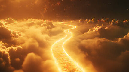 Radiant gates of heaven with an endless golden pathway leading to the clouds.