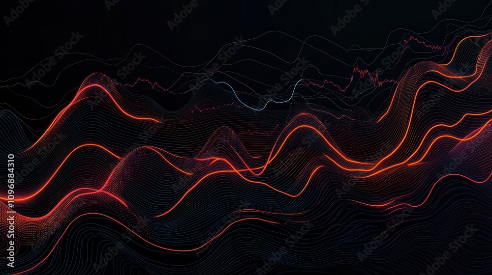 Aufkleber Abstract wave patterns in red and orange, set against a dark background, creating a dynamic and energetic visual effect.