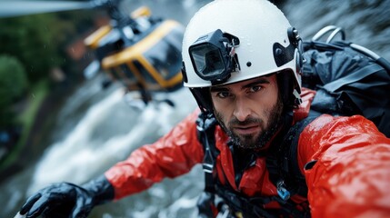 A rescue worker in a red suit appears focused while a yellow helicopter is visible in the background, ready to assist during an intense rescue operation amid heavy rain.