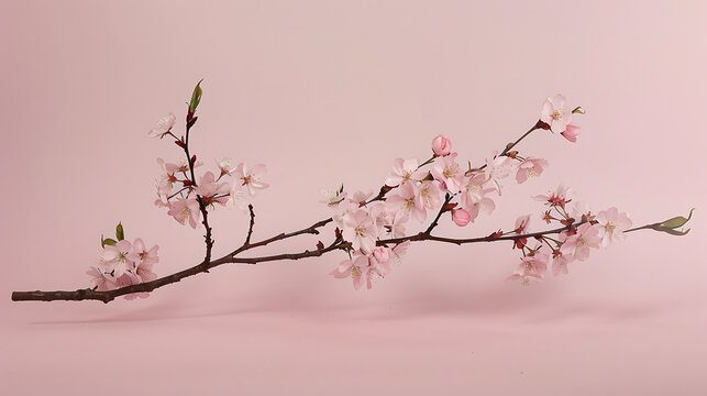 a beautifully arranged branch of cherry blossoms against a soft pink background. The delicate pink flowers are in full bloom, adding a touch of springtime elegance and vibrancy to the composition