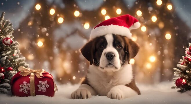 Festive winter scene featuring a Saint Bernard puppy in a Santa hat next to a snowman surrounded by twinkling lights and snowflakes in a cozy snowy Christmas setting Video made using 4K