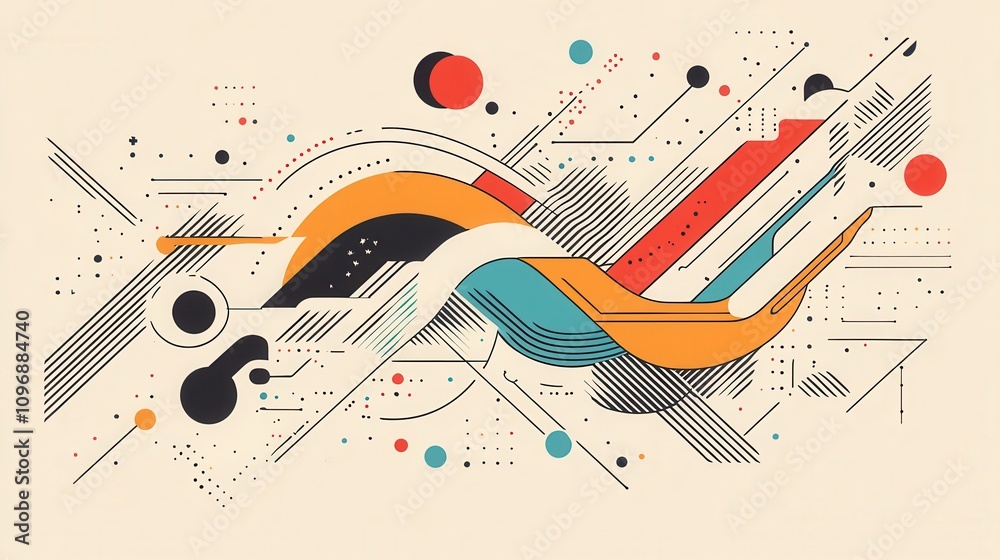 Poster a vibrant abstract design featuring dynamic waves, geometric shapes, and contrasting colors, creatin