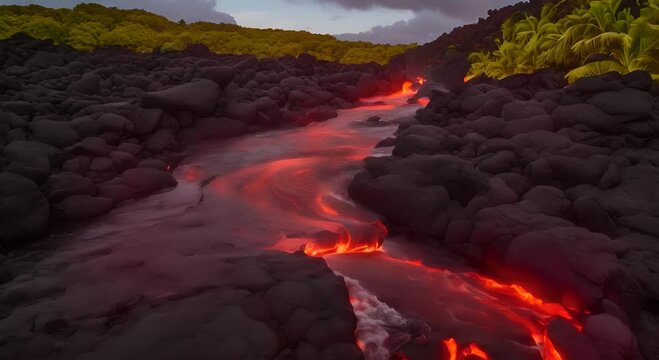 Lava ocean flowing lava reaches ocean on Big Island Hawaii Lava stream seen from the water flowing from Kilauea volcano near Hawaii volcanoes national park USA 59 94 FPS Steadicam Year 2016 4K