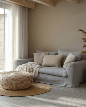 Cozy living room featuring natural textures and soft colors for a tranquil atmosphere
