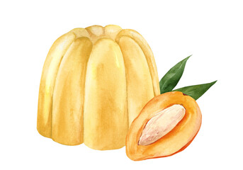 Watercolor illustration of jelly dessert with fresh mango slices. Healthy sweets made from juice and gelatin isolated on white background
