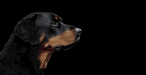 Rottweiler portrait on a black background, with copy space for text or a logo, in side view. Photorealistic photography.