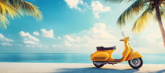 Yellow vintage scooter on a palm tree background with a blue sky and sea, a Miami-style vacation concept.