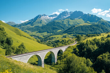Railway bridge crossing a valley, surrounded by rolling hills and mountains under a blue sky