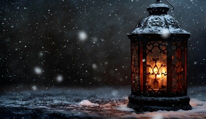 A glowing antique lantern on the ground, against a dark background, snow falling, a cold winter night, close-up, product photography,