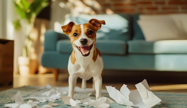 A cute, happy Jack Russell Terrier dog standing on the floor in front of an old light blue-green couch with white cushions, 