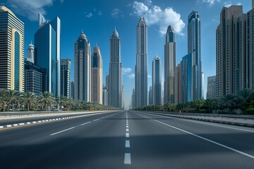 Fototapeta premium Modern skyline view with open asphalt road, expansive and serene architectural scene