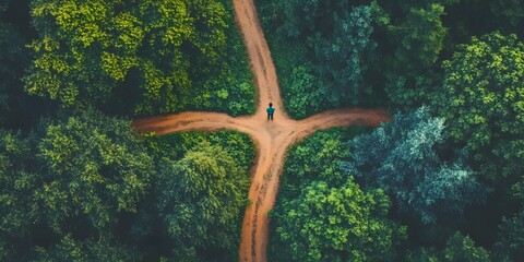 A person standing at the crossroads, contemplating two different paths leading in opposite directions through a dense green forest. 