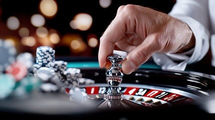 A person's hand spins the roulette wheel ball in a luxurious casino setting, with focus on the metallic details and blurred background of colorful casino lights.