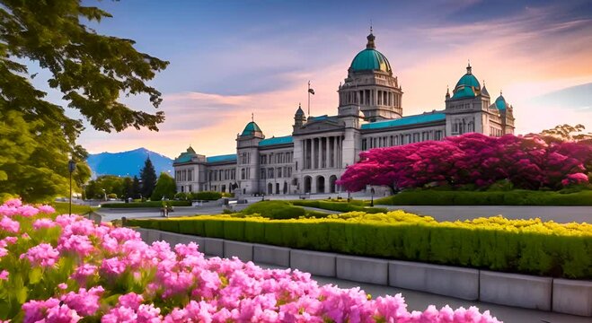 Victoria British Columbia on beautiful summer day with flowers Victoria inner Harbour and British Columbia Parliament Buildings Vancouver Island BC Canada 4K