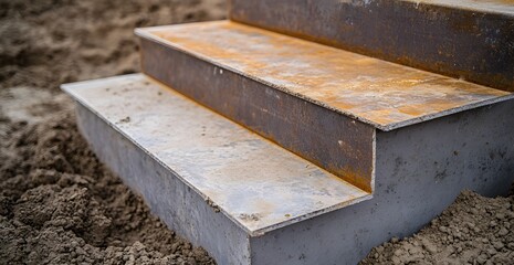 Close-up of the concrete steps with steel beams on a construction site. The background features gray cement and brown soil,