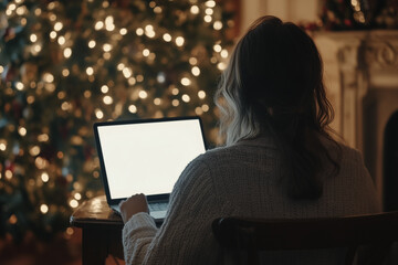 Young woman Christmas holiday at home, online shopping at winter holiday, ordering Christmas gifts, Website template, mockup screen empty, 