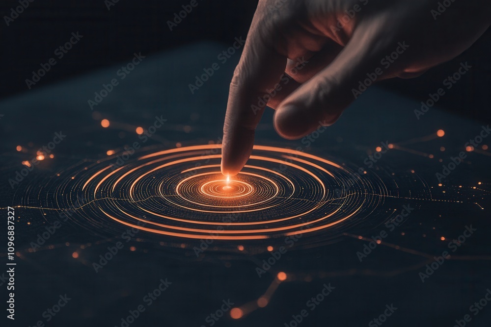 Aufkleber A hand touches a glowing circular pattern, symbolizing interaction with technology and data visualization in a dark, atmospheric setting.