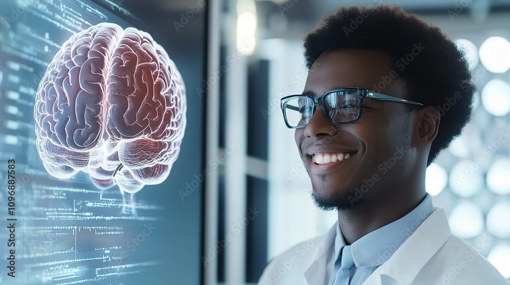 Poster engineer smiling while working in a data center with technology display