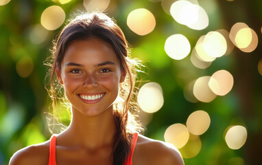 Young woman smiling with natural background and soft bokeh lights in summer setting