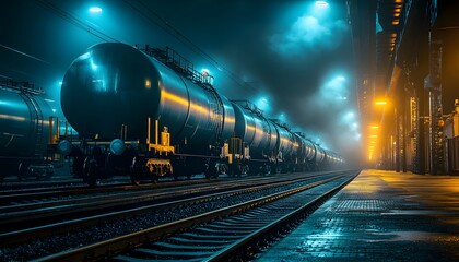 Obraz premium A long train of oil tankers on the railway station in the dark night with smoke and fog, low-angle view.