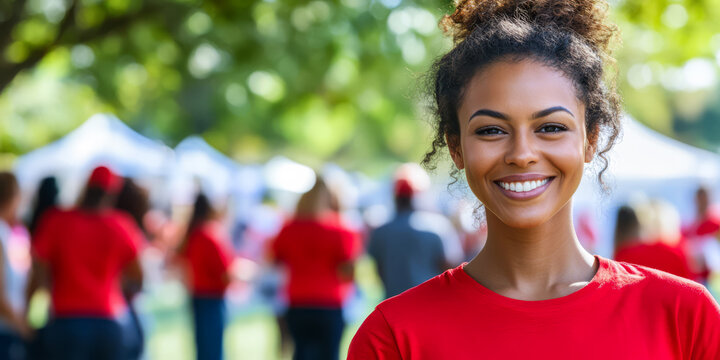 Smiling volunteer in red shirt engaging with community event during sunny afternoon - Powered by Adobe